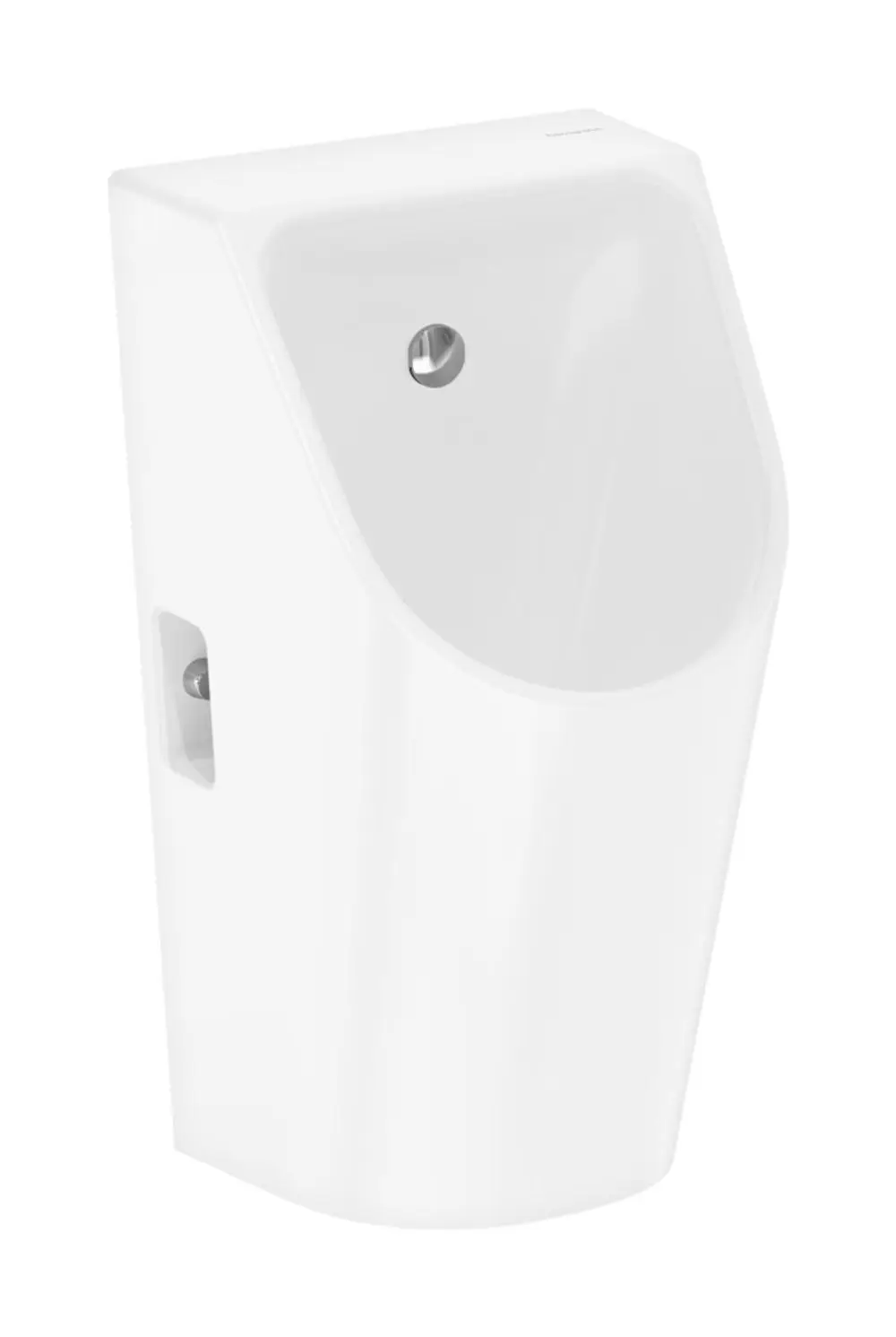 Weißes Urinal mit integriertem Ablauf, montiert an der Wand. Rückseitiger Zulauf, spülrandlos gestaltet. Von Hansgrohe.